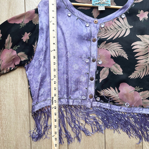 VTG Tienda Ho Fringe Floral Blouse Bohemian Art To Wear Mirror Folk Festival OS - Picture 8 of 10